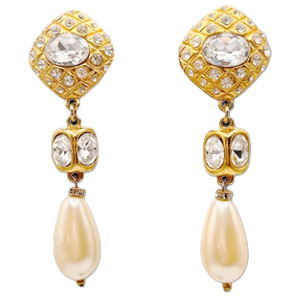 Vintage 80s Gold Quilted Faux Pearl and Rhinestone Drop Earrings Chanel Style